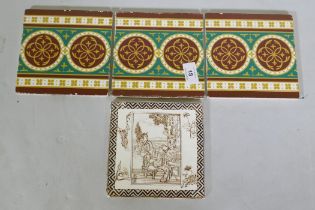 A Wedgwood Etruria tile with Japanese decoration and three Minton tiles with designs after Pugin, 15
