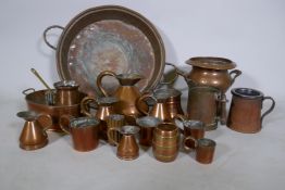 A quantity of copper, jam pan, jugs and tankards etc, pan 43cm diameter