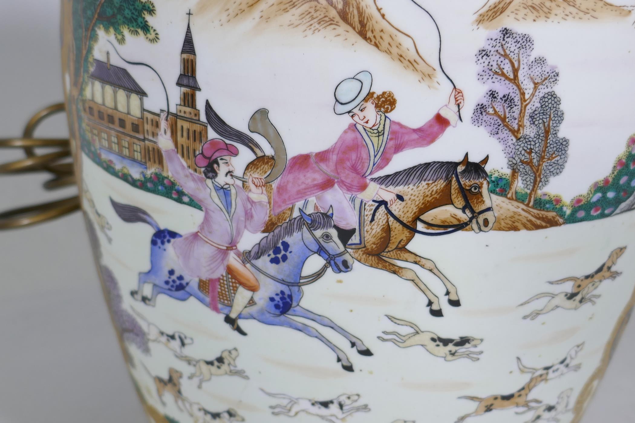 A Chinese export ceramic lamp, decorated with a hunting scene, 50cm high - Image 2 of 4