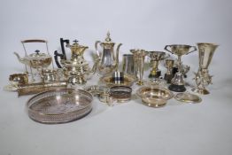 A silver plate spirit kettle on stand, four piece tea set, Maltese vase, various silver plated ware,