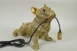 A gilt composition lamp in the form of a bulldog, 28cm high, 34cm long