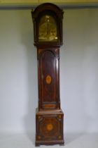 A late C18th inlaid mahogany eight day musical longcase clock, the arched hood with blind fret