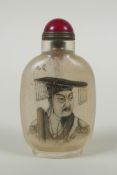 A Chinese reverse decorated glass snuff bottle with a portrait of an immortal, character