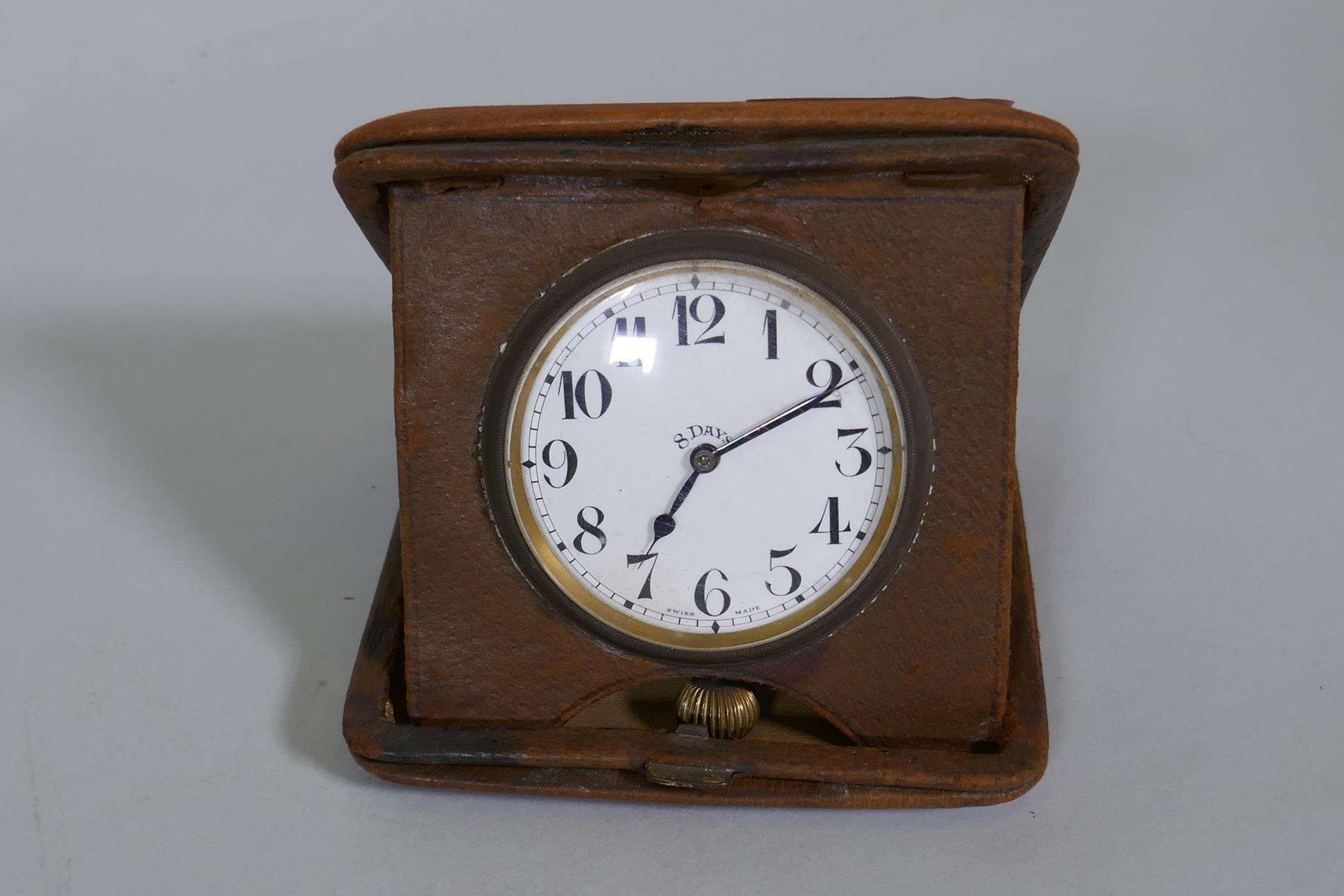 An antique Brevete eight day travel clock in leather case, 11 x 11cm - Image 2 of 2