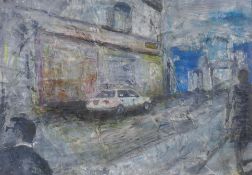 Maciej Opolski, figures in a street, indistinctly inscribed, signed oil on joined paper and laid