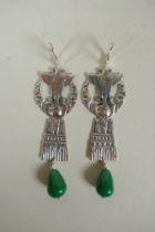 A pair of sterling silver South American style earrings with two green jade drops, 8cm