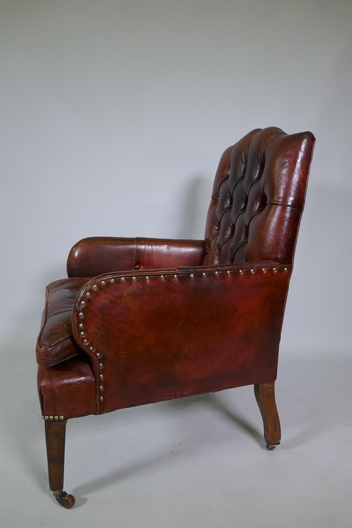 A Cornelius V Smith small Victorian button back leather armchair, stamped CVS, AF - Image 5 of 7