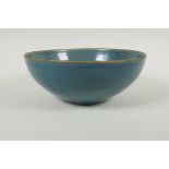 A Chinese teal ground porcelain bowl with chased and gilt character inscription decoration,