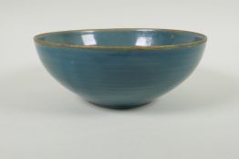 A Chinese teal ground porcelain bowl with chased and gilt character inscription decoration,