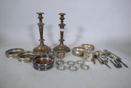 Two pairs of silver plated coasters, a caddy etc