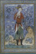 An antique Mughal miniature of a falconer, a finely painted portrait of a nobleman with falcon,
