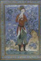 An antique Mughal miniature of a falconer, a finely painted portrait of a nobleman with falcon,