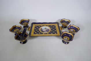 A Vienna style porcelain dessert service, tray 25 x 39cm