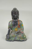 A Chinese bronze Buddha in a cloisonne robe, mark to base, 27cm high