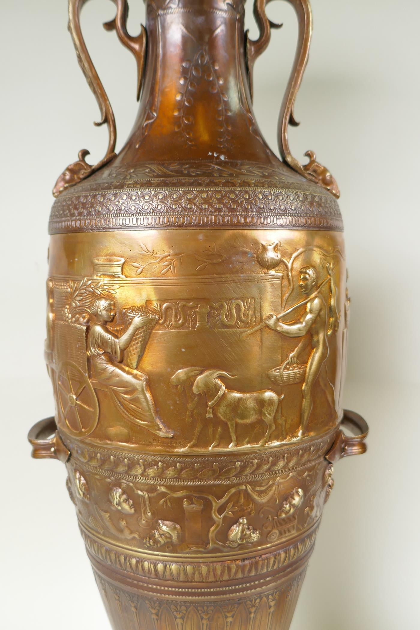 After Barbedienne, a pair of bronze Grand Tour style urns with two handles and raised figural - Image 2 of 9