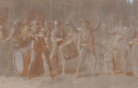 Revellers in a street,  C18th watercolour, ink and white chalk drawing, 21 x 32cm
