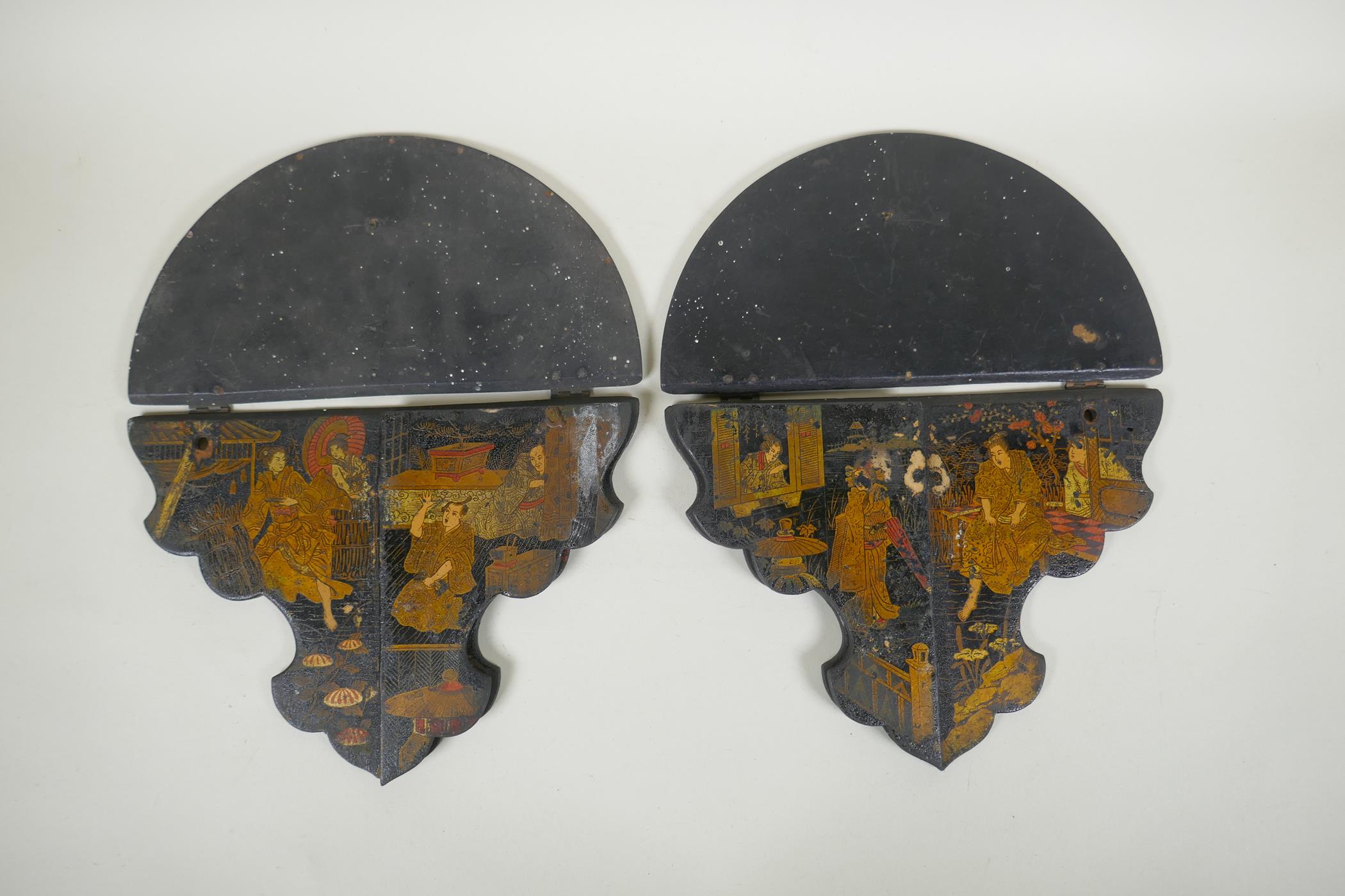 A pair of Japanese export Japanned papier mache folding brackets, decorated with geisha and their - Image 6 of 7