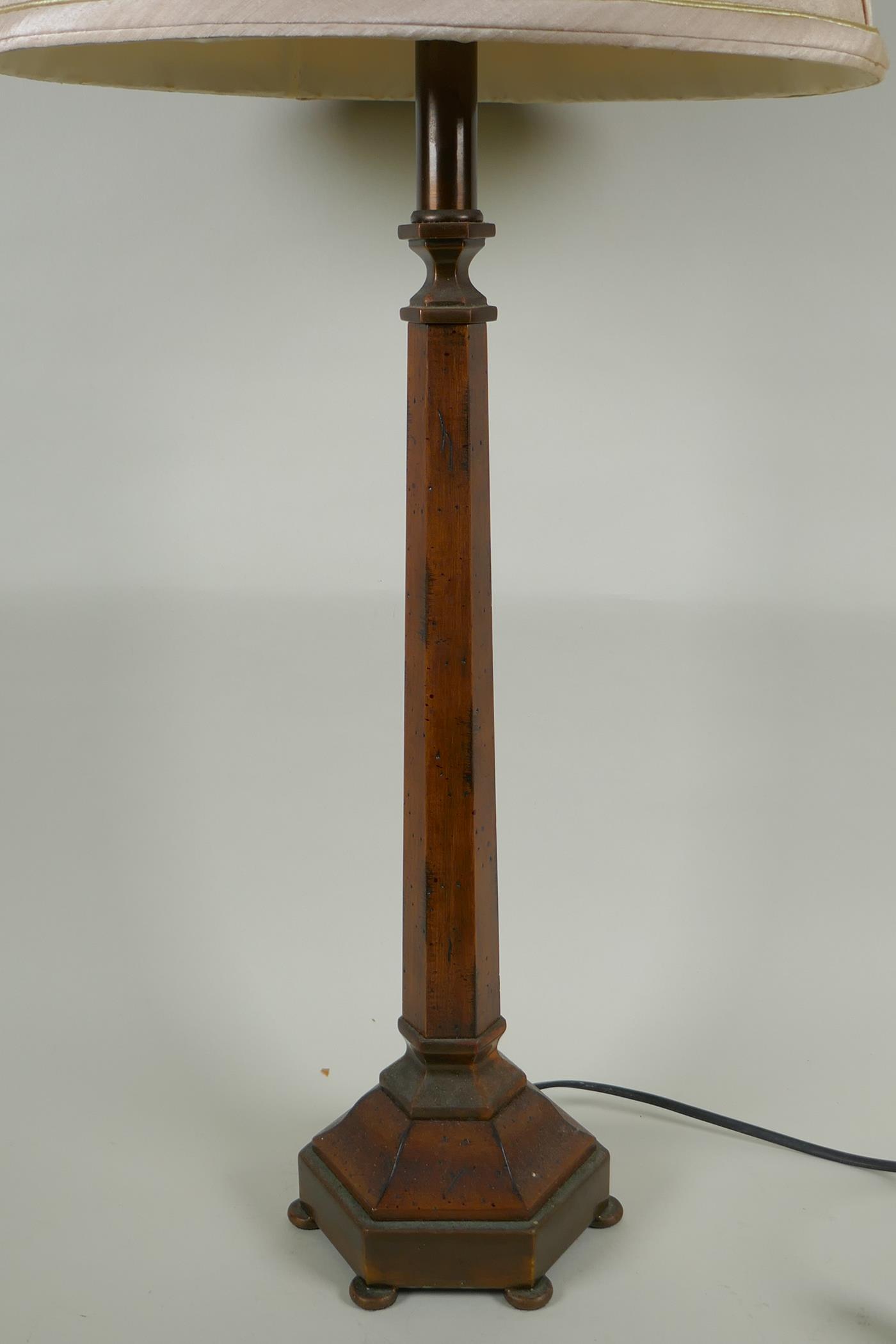 A grained wood and brass hexagonal column table lamp, 80cm high - Image 3 of 3