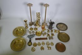 A quantity of brass, copper and metal wares to include trays, pots, fire side compendium,