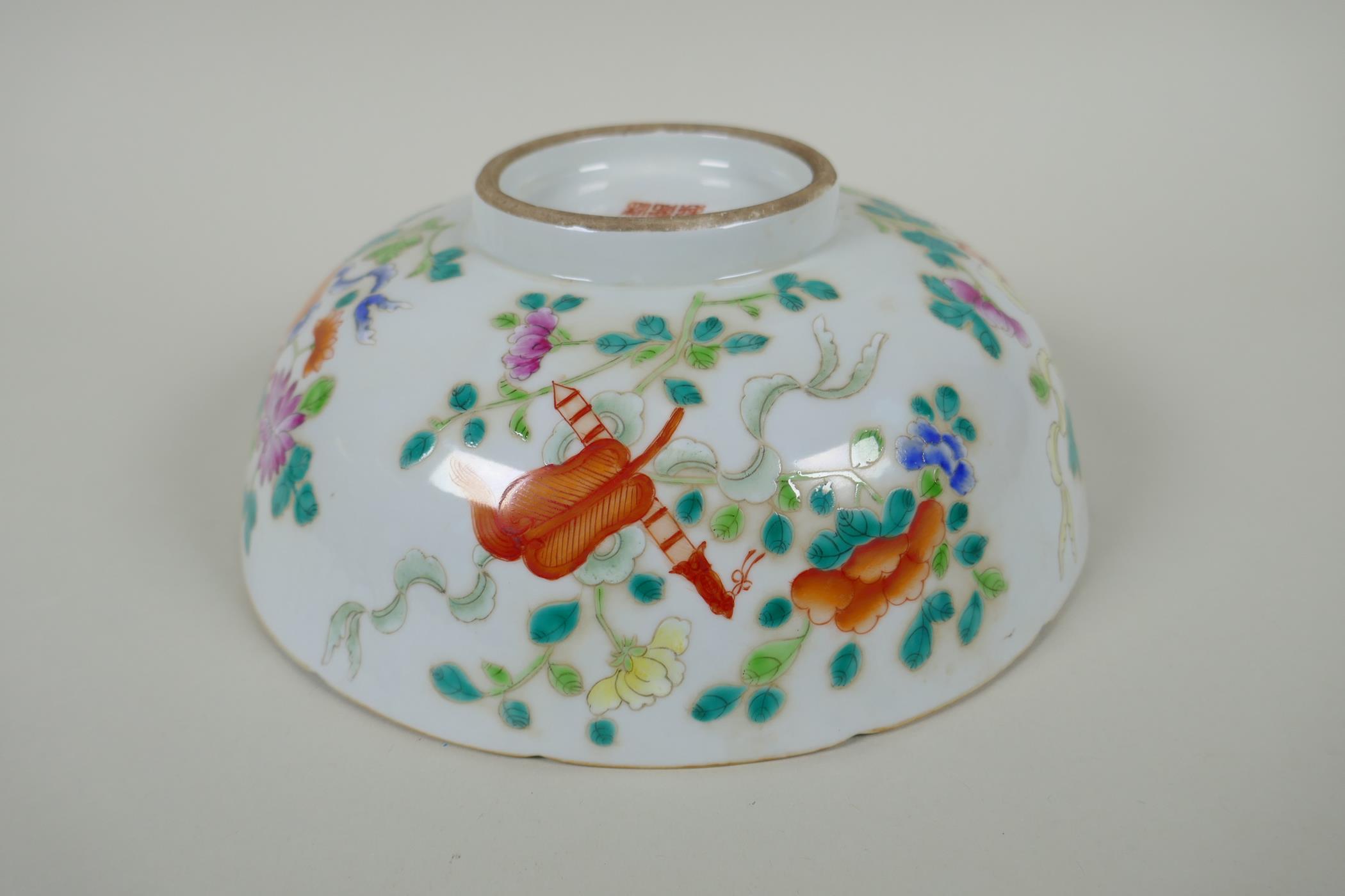 A late C19th Chinese famille rose porcelain bowl with lobed rim, decorated with flowers and - Image 5 of 7