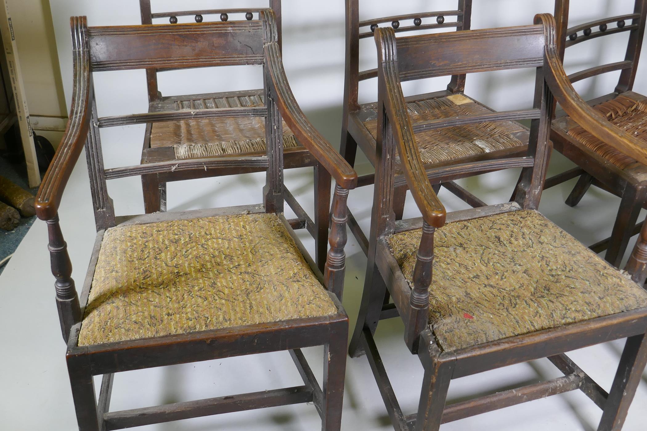 A pair of Regency mahogany bar back elbow chairs with reeded decoration and four similar standard - Image 2 of 4