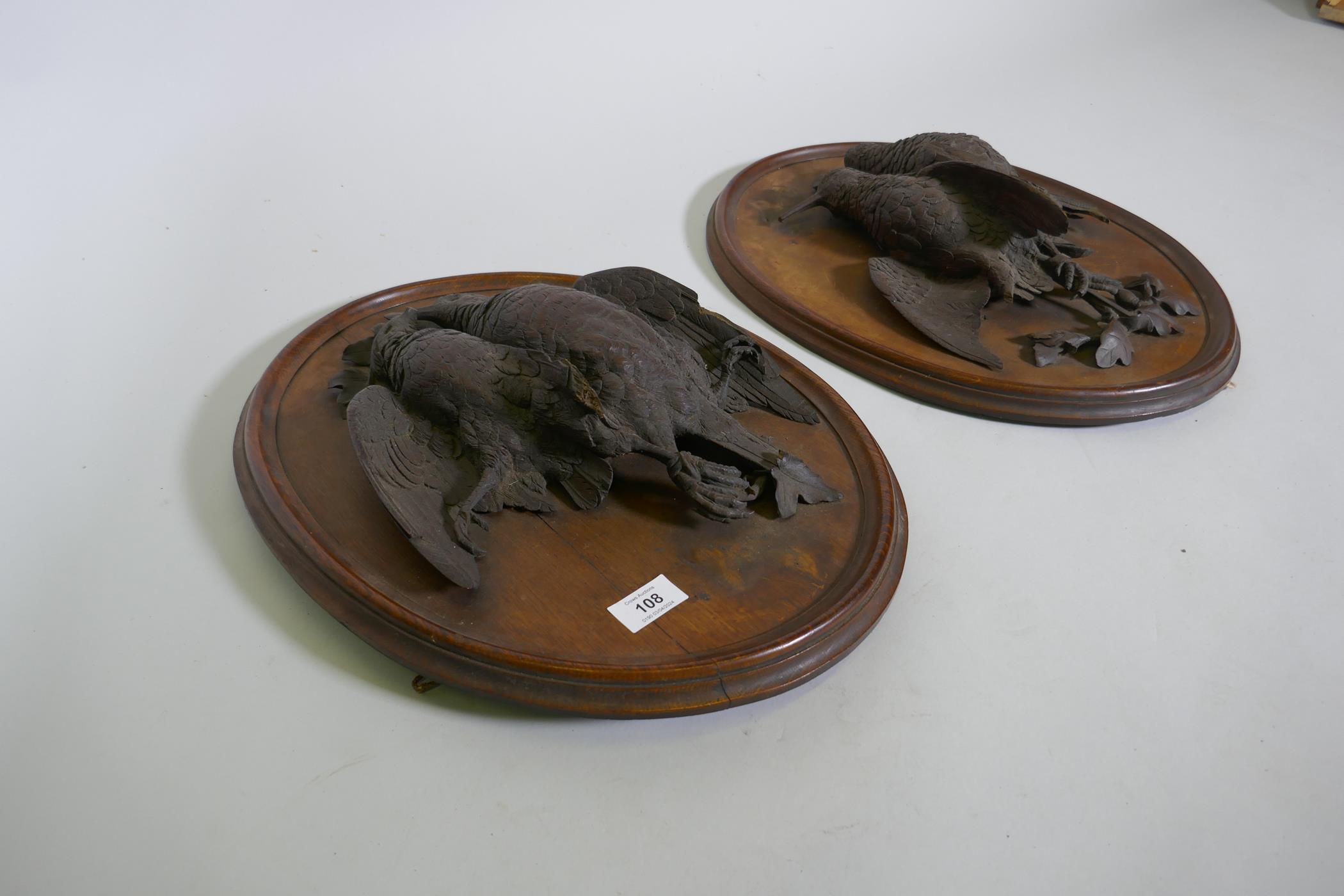 A pair of C19th oak wall plaques with finely carved braces of woodland birds, 46 x 36cm - Image 5 of 6