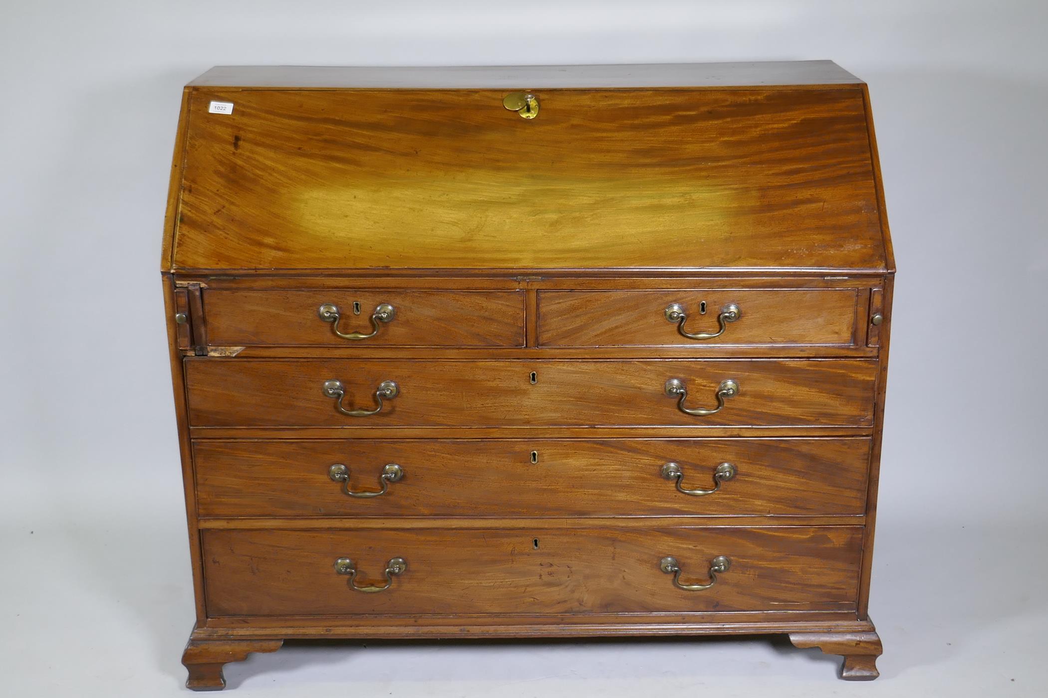 A Georgian mahogany bureau, the fall front with inset leather opening to reveal a fitted interior - Image 2 of 7