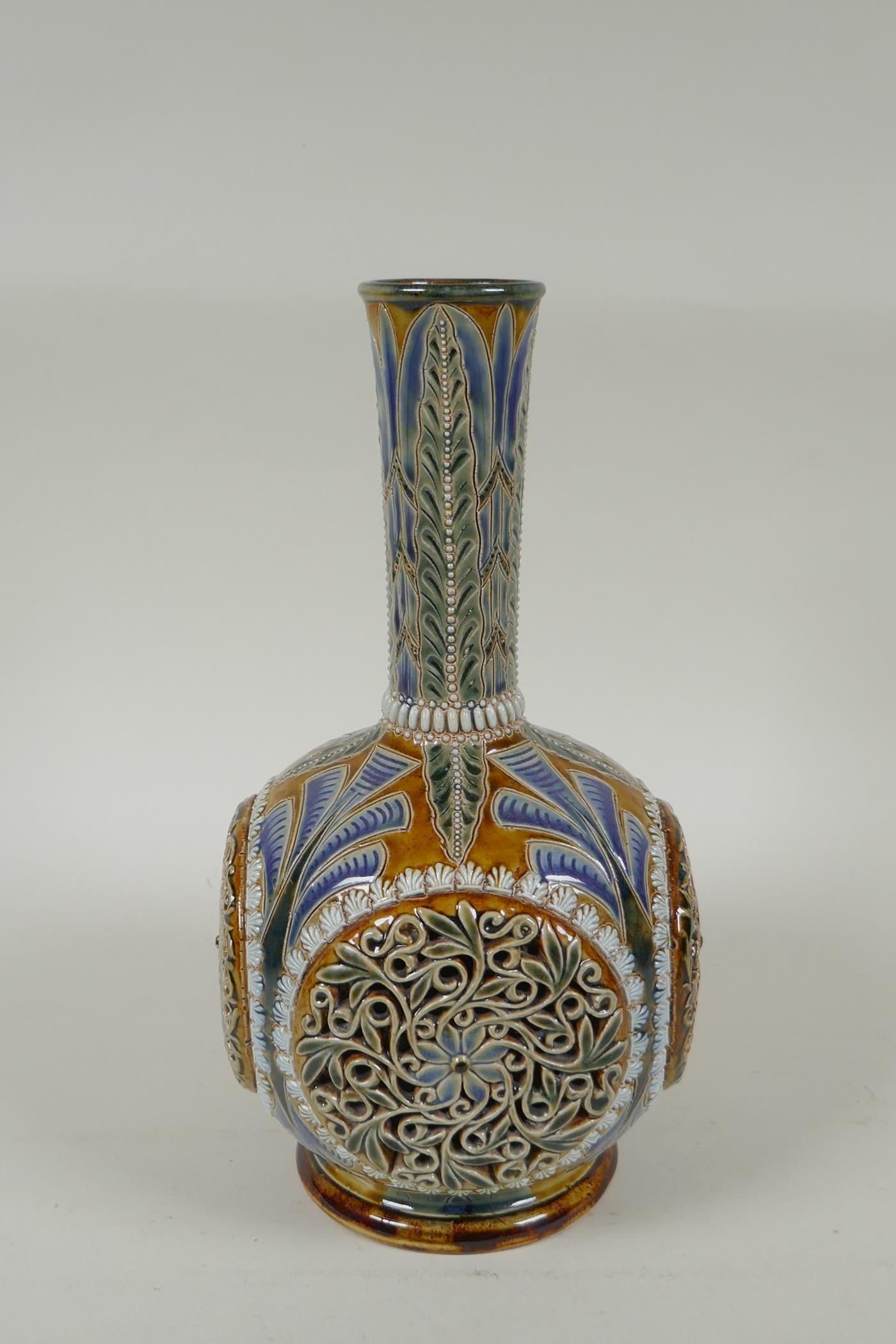 A C19th Doulton Lambeth stoneware vase by Emily E. Stormer, decorated with raised reticulated floral - Image 2 of 9