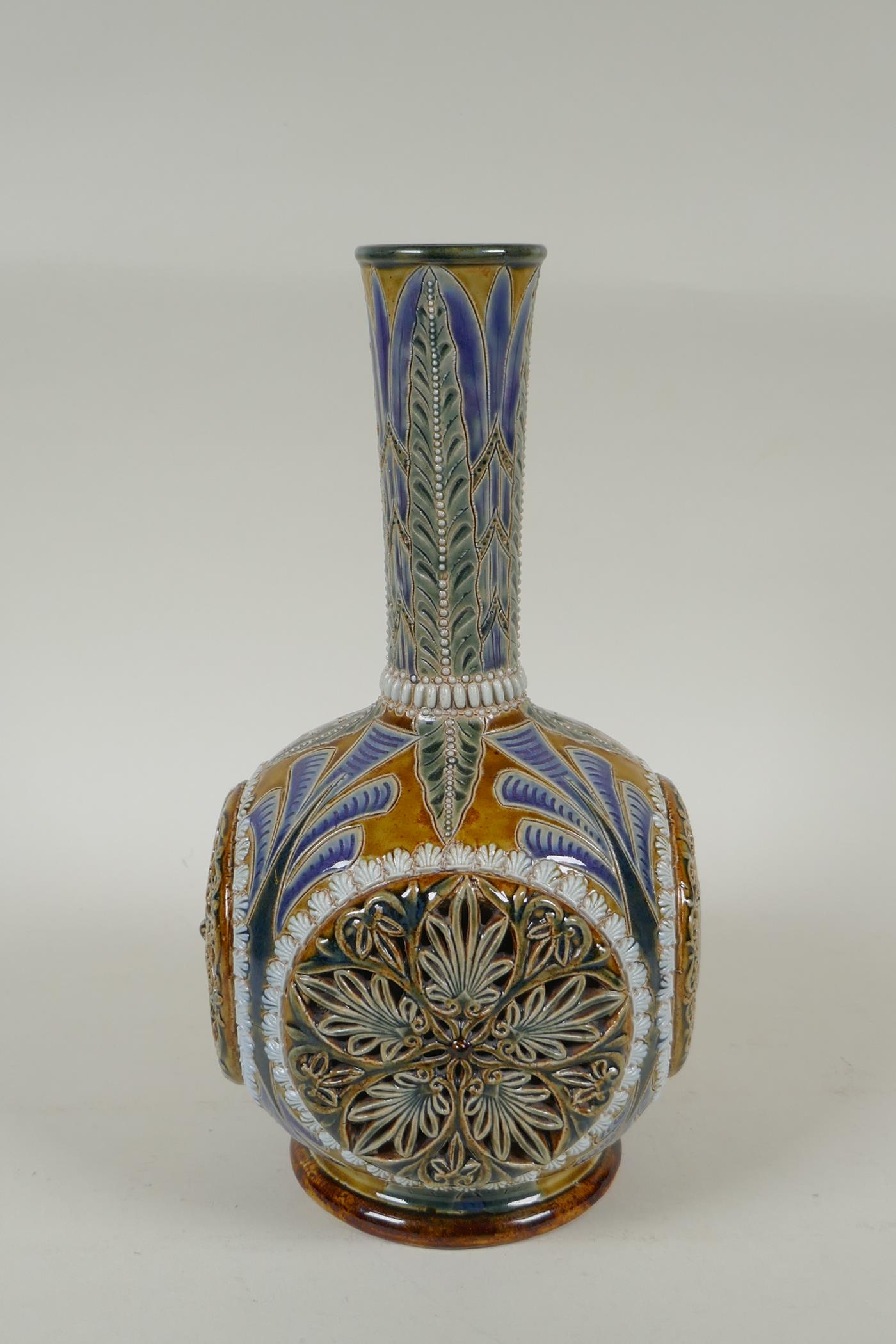 A C19th Doulton Lambeth stoneware vase by Emily E. Stormer, decorated with raised reticulated floral - Image 4 of 9