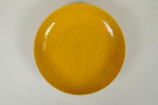 A Chinese yellow glazed porcelain dish with underglaze carp and lotus flower decoration, HongZhi 6