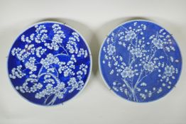 A C19th Chinese blue and white porcelain charger decorated with prunus blossom on a cracked ice