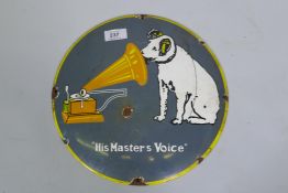 An HMV vintage style enamelled metal sign, 30cm diameter