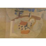 After Ben Nicholson, mid C20th print, still life with roof tops and harbour, 46 x 69cm