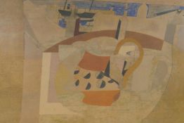 After Ben Nicholson, mid C20th print, still life with roof tops and harbour, 46 x 69cm