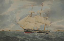 After William John Huggins, (British 1781-1845), H.M.S. Winchester, hand coloured engraving by