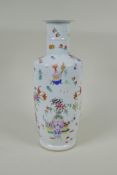 A Chinese polychrome porcelain rouleau vase, decorated with bats, flowers and objects of virtue,