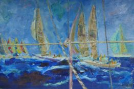 T. Holland, (C20th), (possibly Tom Holland, American) sailing boats at full sail, initialled T.H.