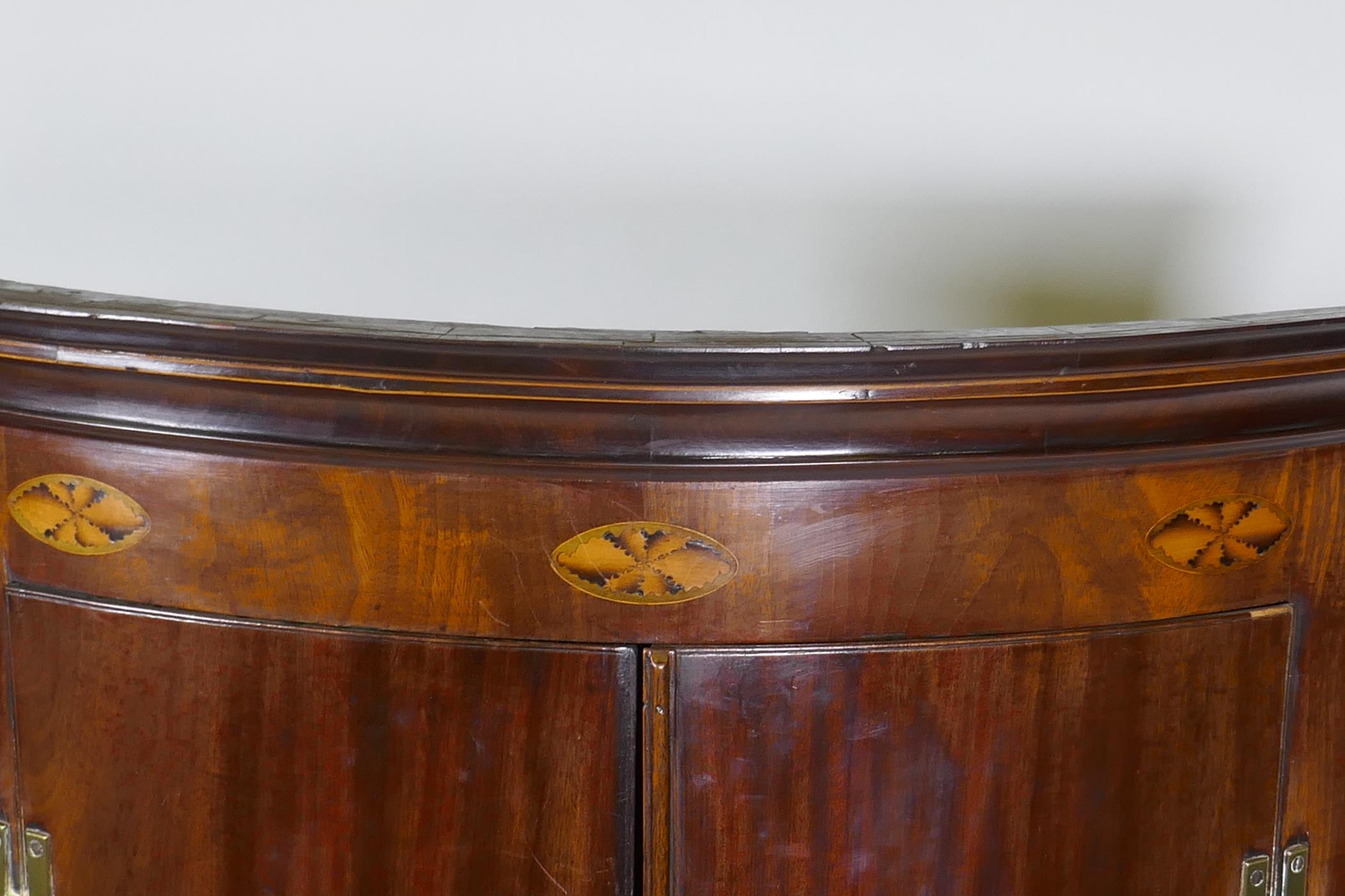 A Georgian mahogany bow fronted hanging corner cupboard, with inlaid decoration, H hinges and - Image 2 of 5