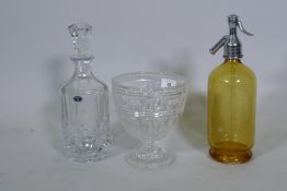 A Bohemian crystal glass decanter, a Schweppes soda syphon, and an antique cut glass bowl, 19cm high
