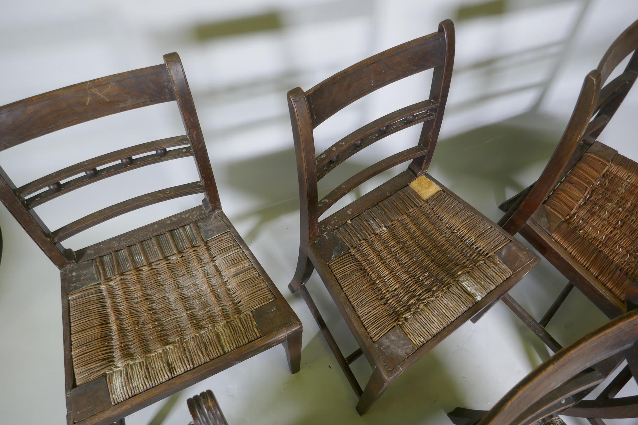 A pair of Regency mahogany bar back elbow chairs with reeded decoration and four similar standard - Image 3 of 4