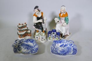 A pair of Staffordshire pottery figures, the cobbler and his wife, AF, three pastille burners, and a