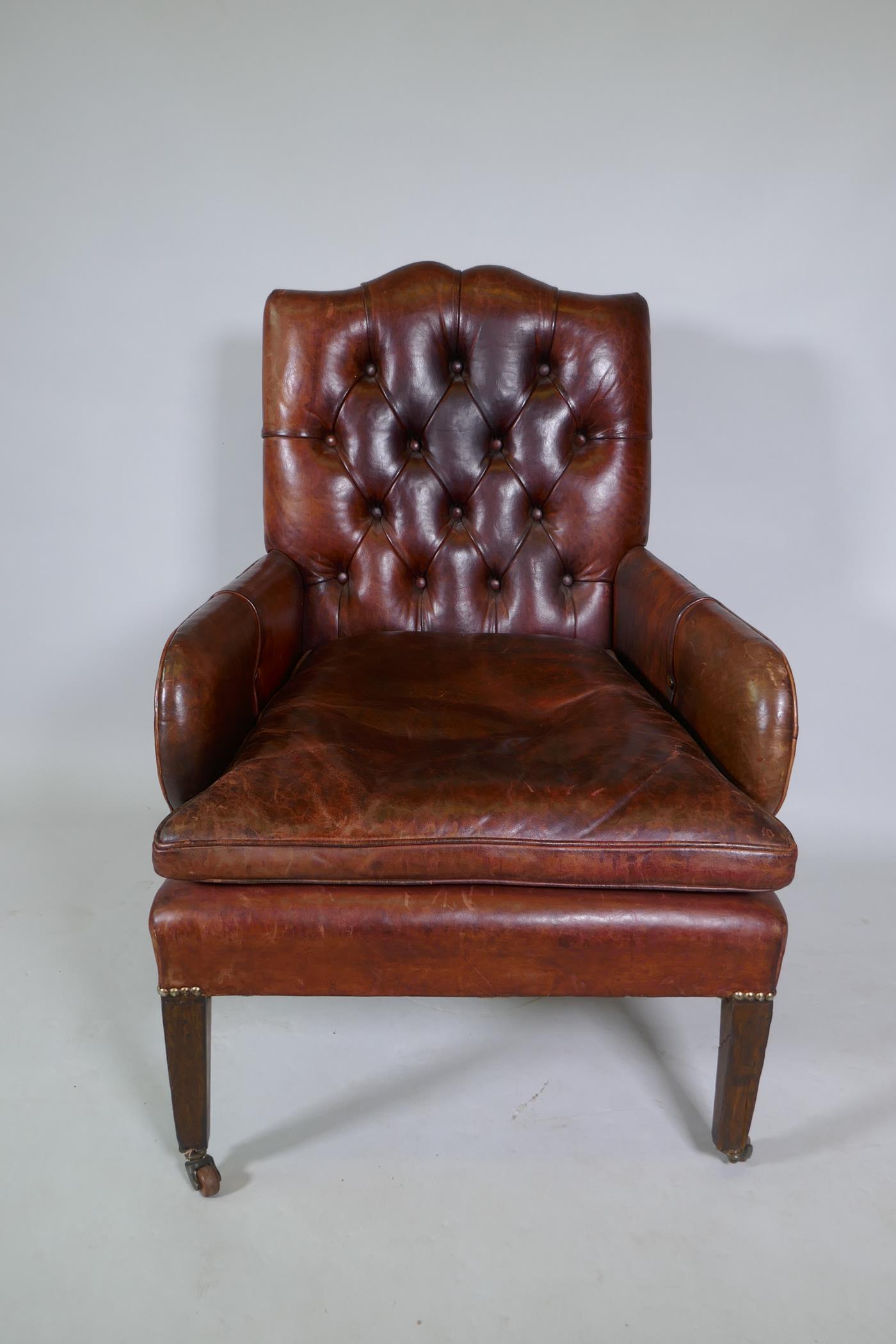 A Cornelius V Smith small Victorian button back leather armchair, stamped CVS, AF - Image 3 of 7