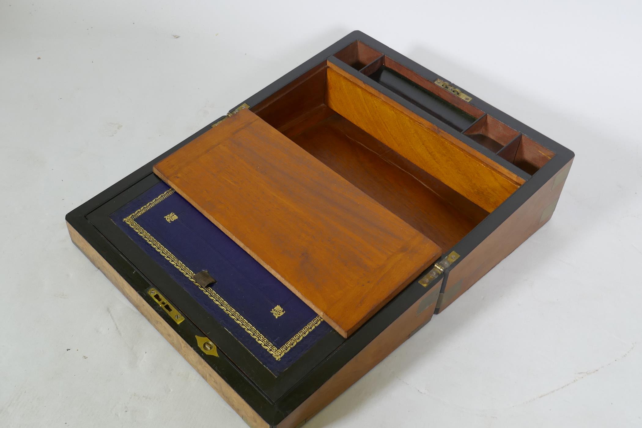 A Victorian burr walnut writing slope with brass mounts and fitted interior with inset leather slope - Image 4 of 4
