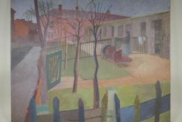 A mid C20th Camberwell School, street scene, oil on canvas, unframed, 70 x 90cm