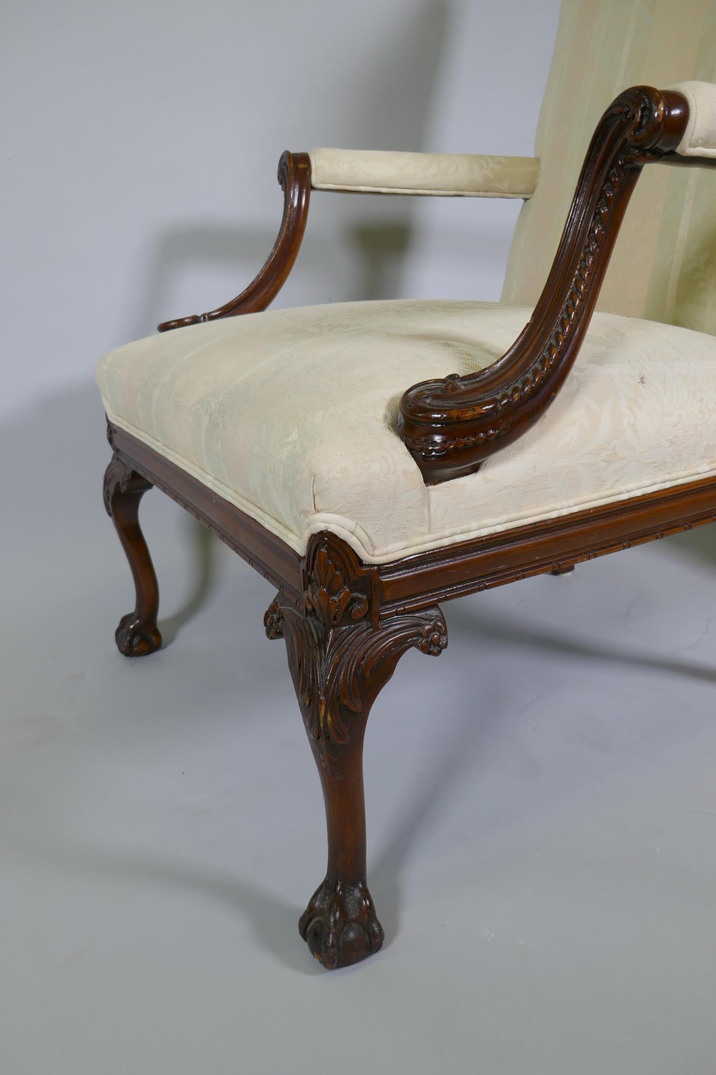 A pr of C18th style Gainsborough chairs with carved decoration and hump backs, raised on cabriole - Image 3 of 5
