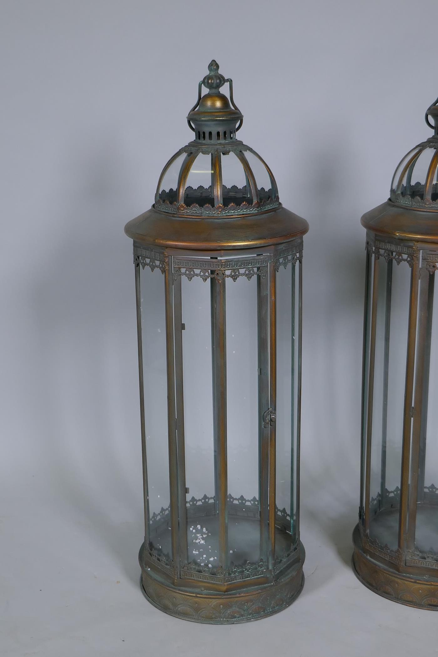 A pair of large coppered metal lanterns, 86cm high - Image 2 of 2