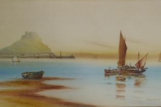 Garman Morris, Herne Bay, Kent, and Gorey Castle, Jersey, signed, watercolours, 48 x 24cm