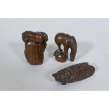 A carved wood netsuke in the form of a cicada, 6.5cm long, a wood okimono of a balancing horse,