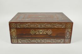 A C19th rosewood and abalone inlaid jewellery/correspondence box, 33 x 24cm
