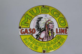 A Musco Gasoline vintage style enamelled sign, 30cm diameter